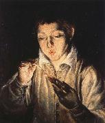 El Greco A Boy blowing on an Ember to light a candle USA oil painting artist